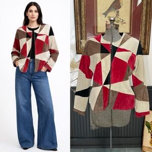 Vntg Karen Arnold Patchwork Leather Jacket Red Cream Colorblock Y2K - XL 💛🎀